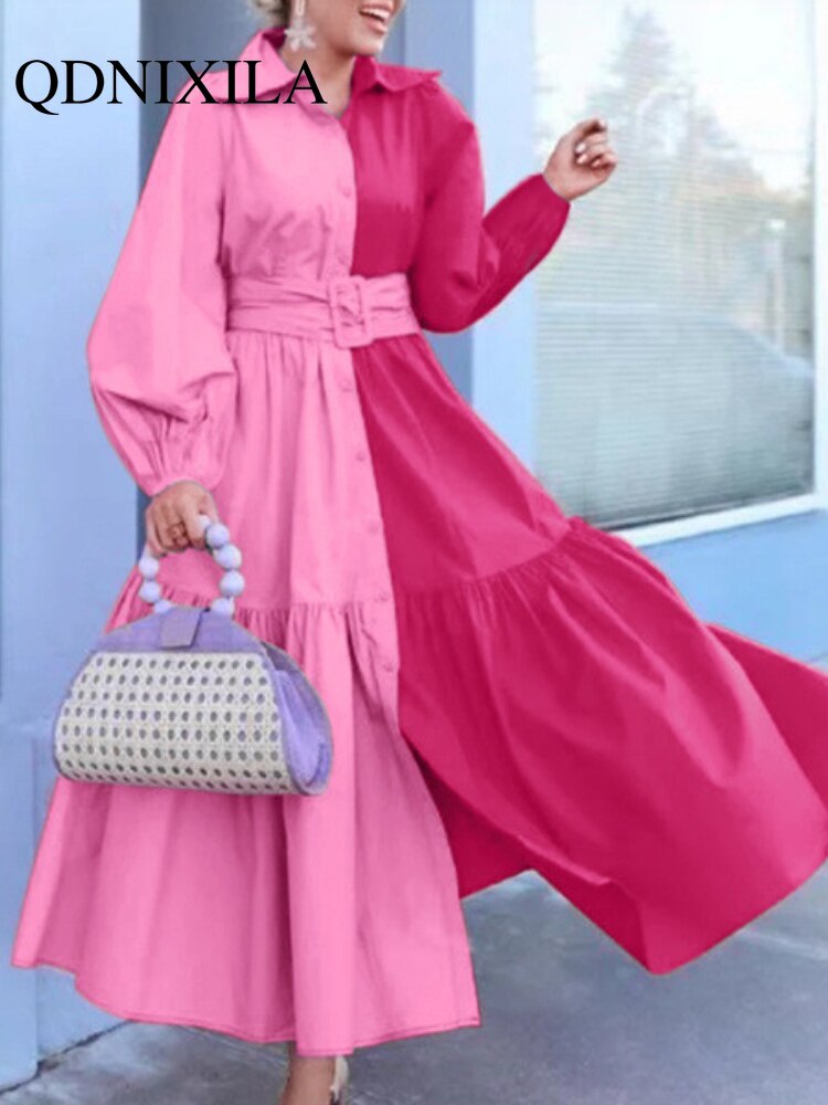 New Elegant Hit Color Dress For Women Lapel Lantern Long Sleeve High Waist Sashes Slim Maxi Dresses Females Spring Fashion Style